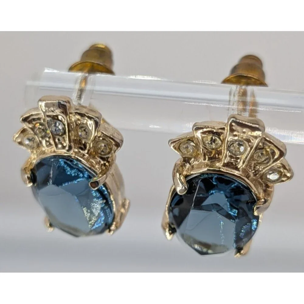 Vintage Blue Glass Stud Earrings Clear Rhinestone Crown Gold Tone Pierced 15mm